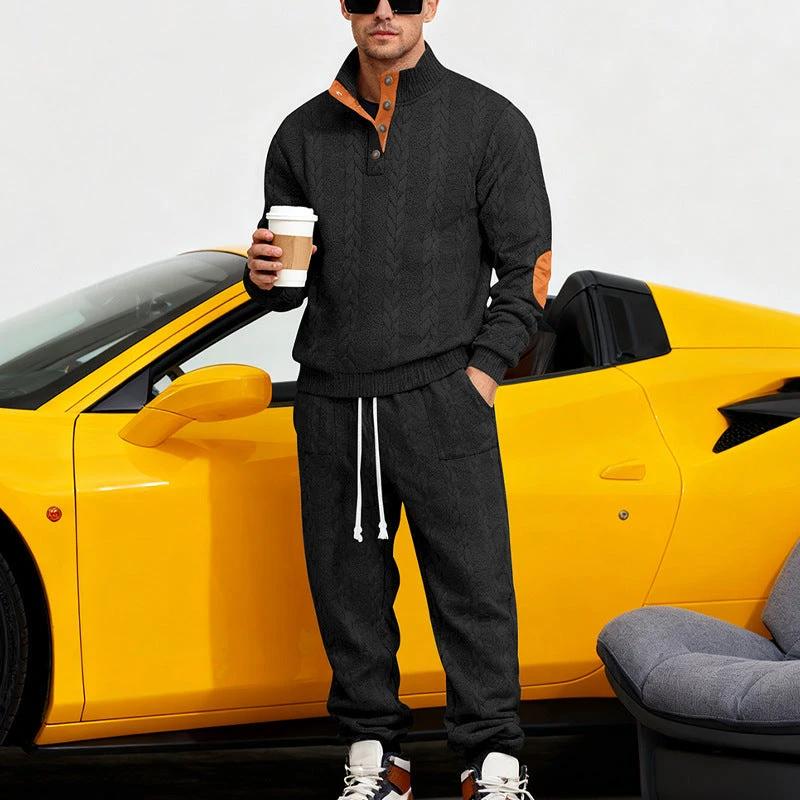 Men's Loose Stand Collar Henley Sweatshirt Casual Pants Set by GJG Denim