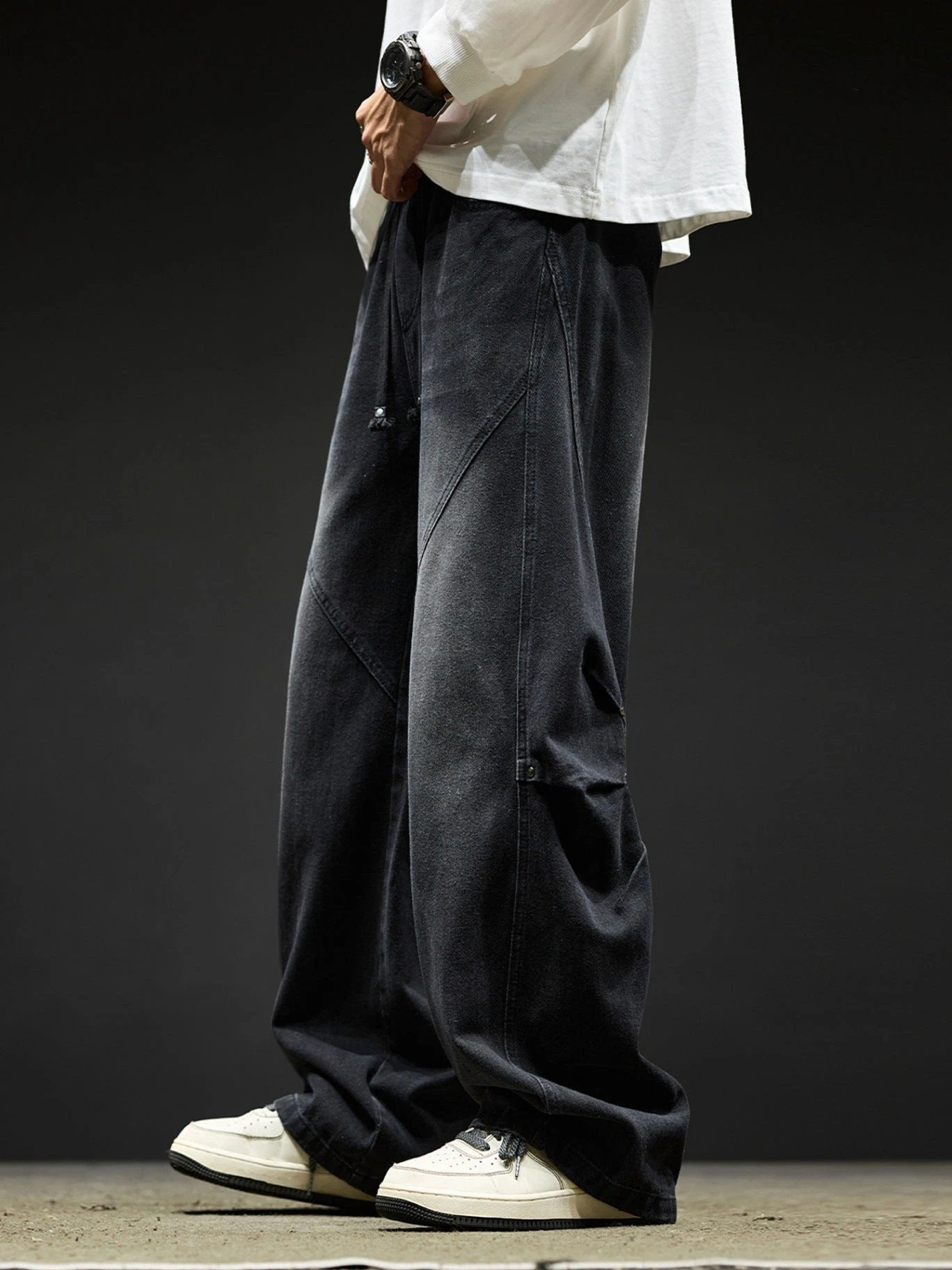 Retro Washed Casual Loose Wide-Leg Cargo Pants For Men by GJG Denim