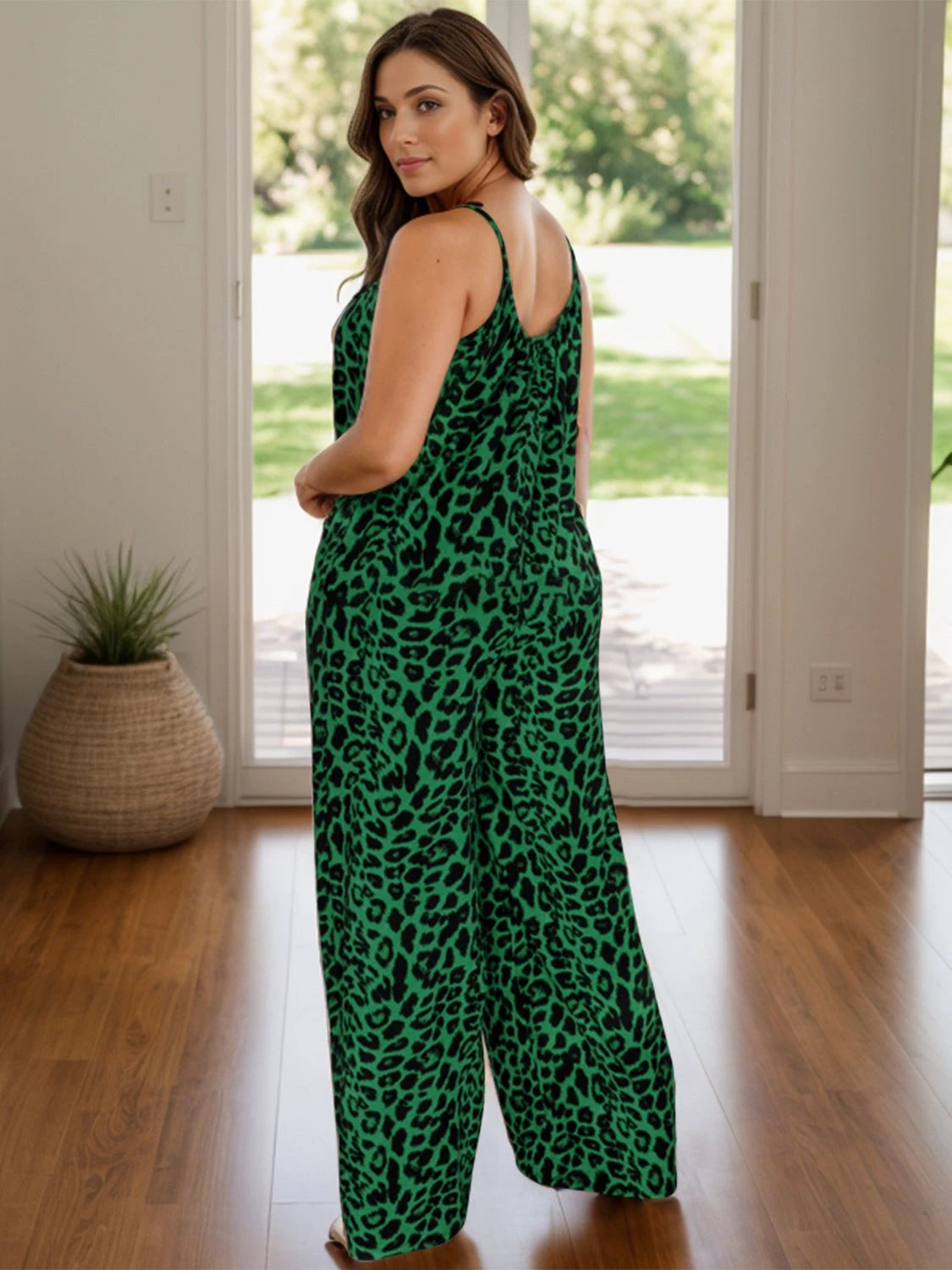 Full Size Leopard Scoop Neck Wide Leg Jumpsuit by Lady Ros