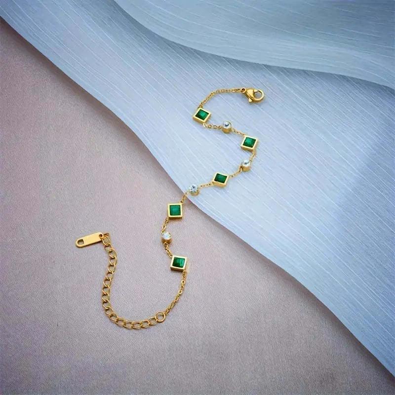 Fashion Gold-plated Titanium Steel Square Emerald Inlaid Rhinestone Bracelet by GJG Denim