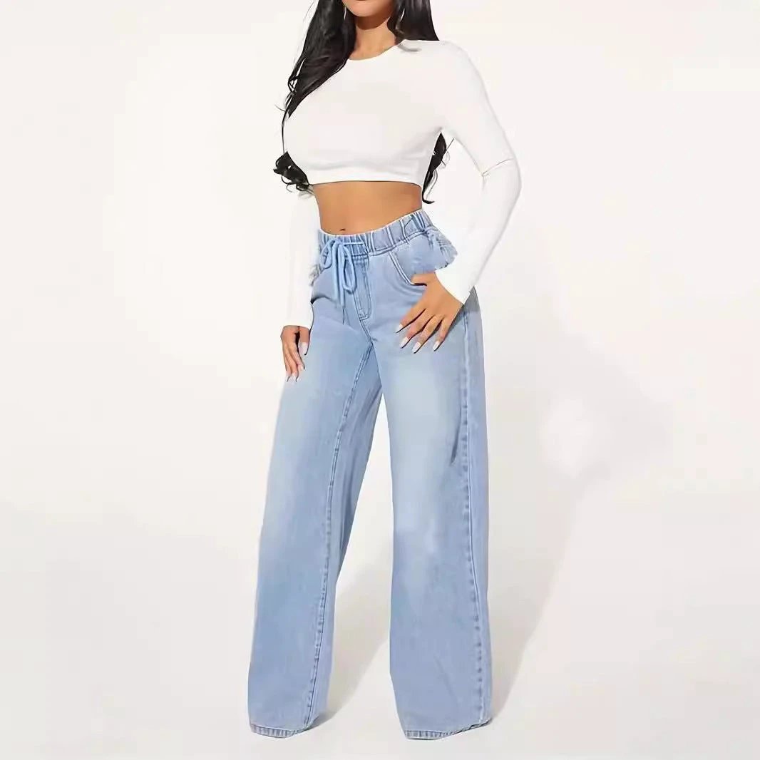 High Waist Drawstring Loose Wide Leg Light Blue Jeans by GJG Denim