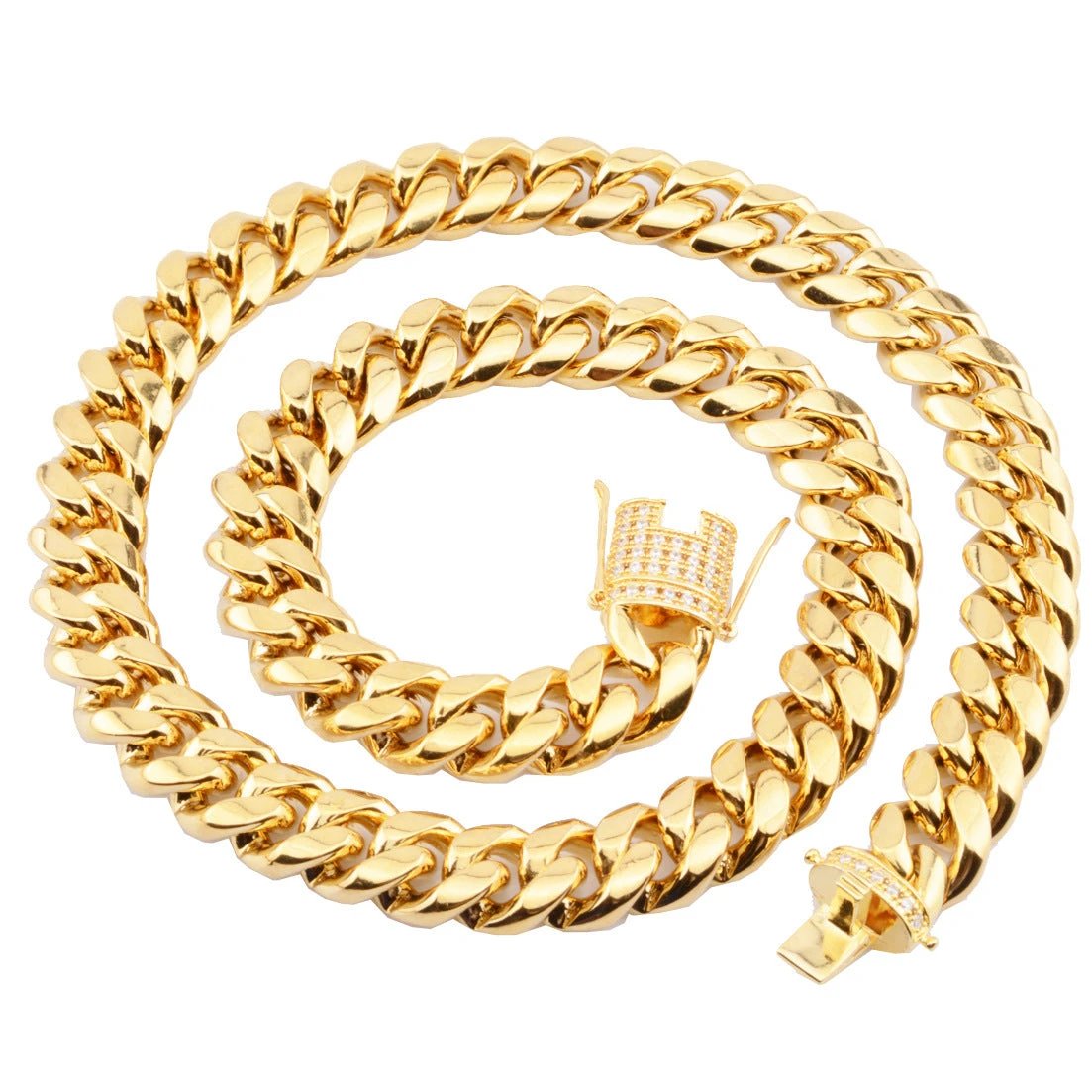 8-18mm Wide Stainless Steel Cuban Chain CZ Zircon Box Lock Necklace by GJG Denim