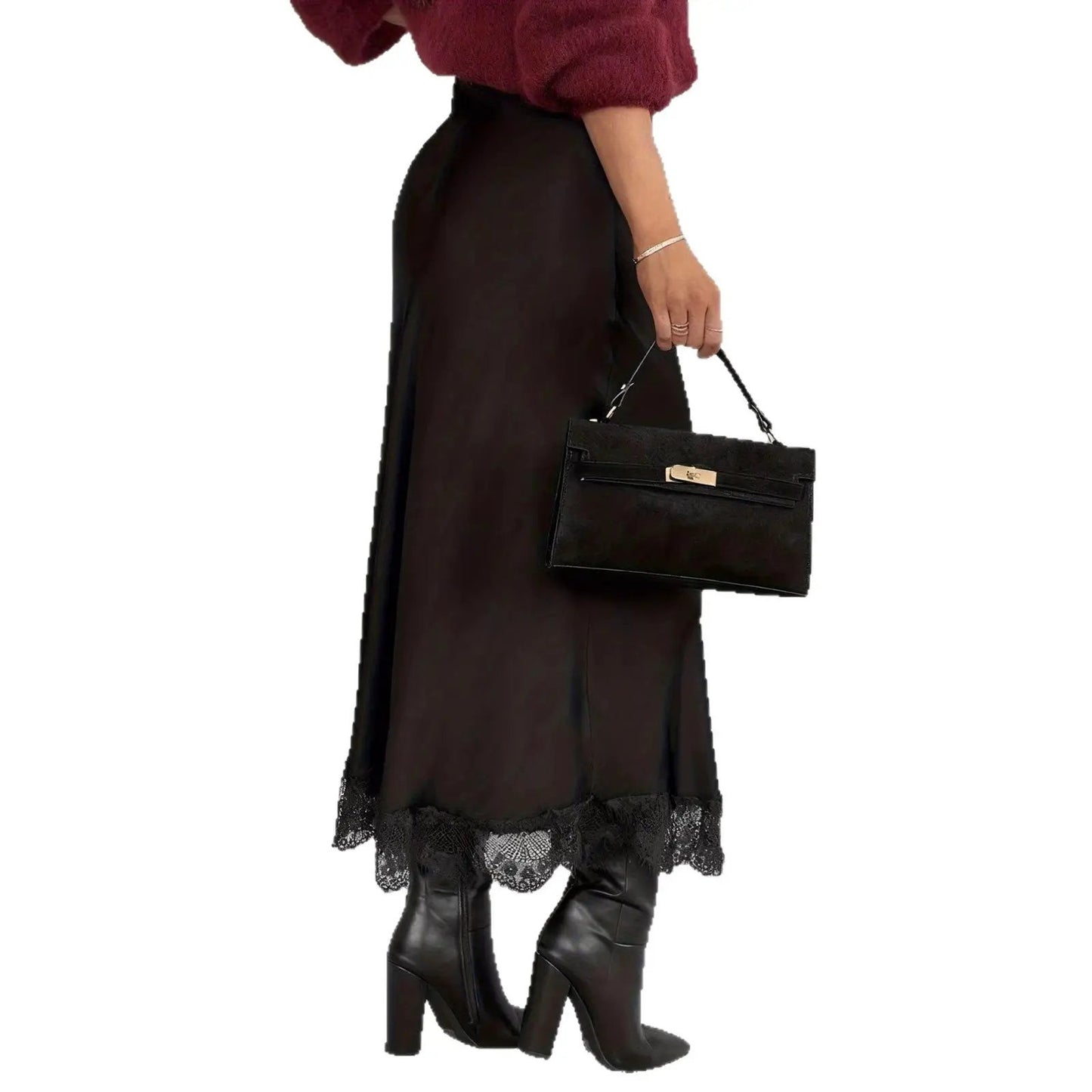 Spring New High-Slit Satin Skirt Solid Color by GJG Denim