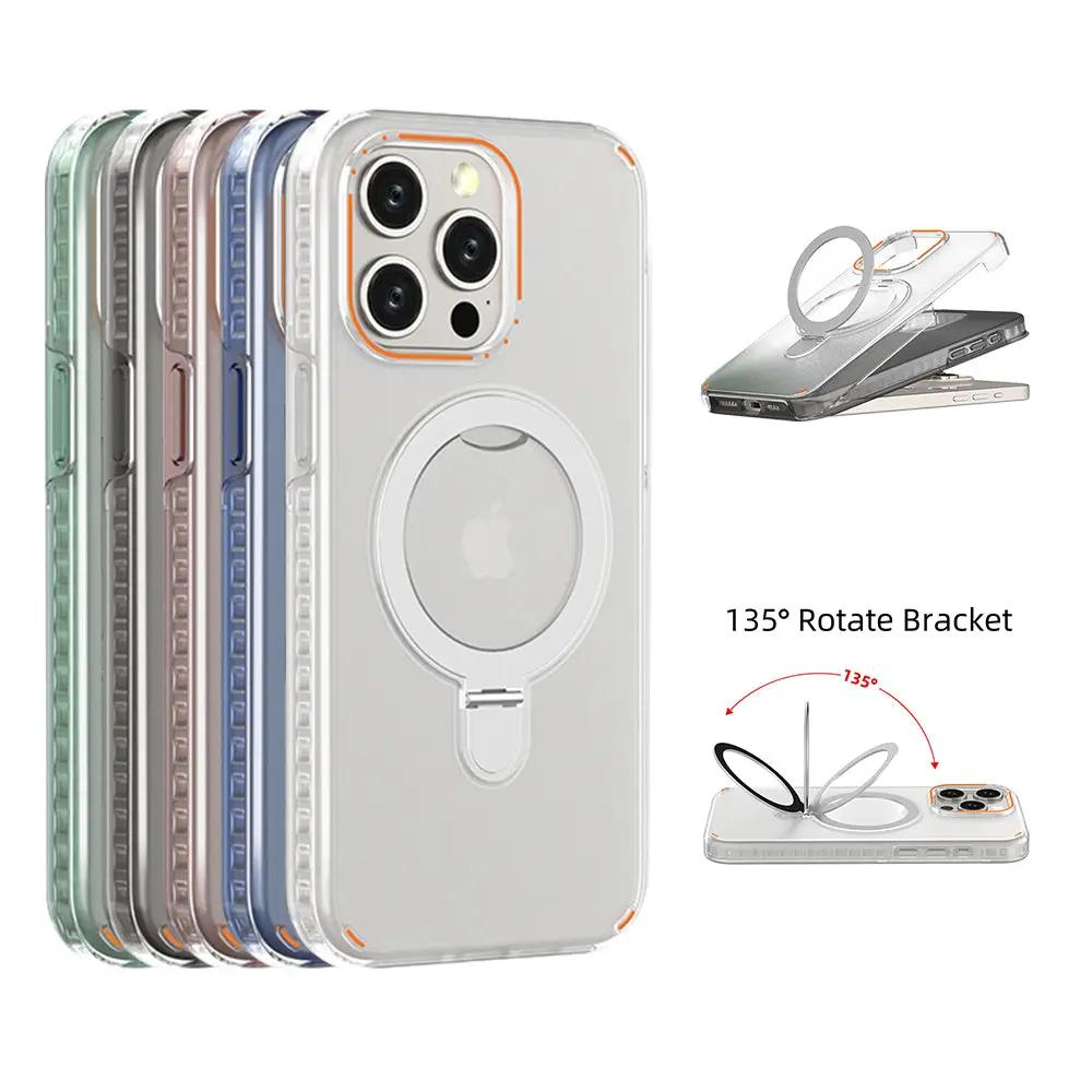 New Colorful Magnetic Bracket Phone Case With Holder Stand Cover For Magesafe Magnetic Transparent Wireless Charge Case For Phone by GJG Denim