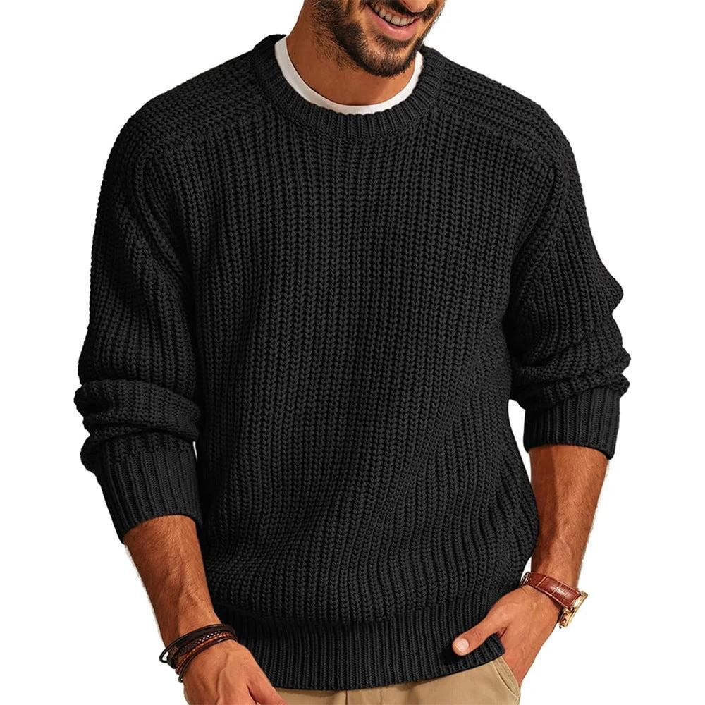 Men's Solid Color Long Sleeve Round Neck Fashion Sweater Loose Retro Sweater by GJG Denim