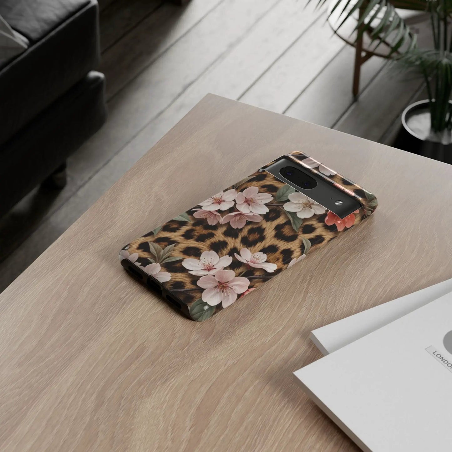 Leopard Floral Tough Case — Protective Phone Case with Pink Cherry Blossoms by Printify