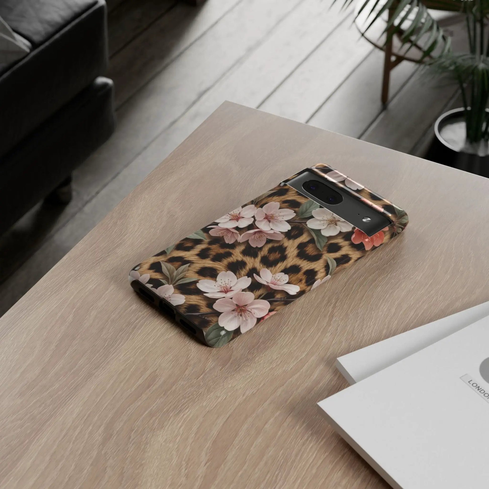 Leopard Floral Tough Case — Protective Phone Case with Pink Cherry Blossoms by Printify