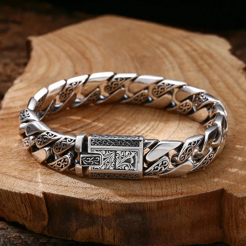 Men's 925 Sterling Silver Tangcao Pattern Cuban Bracelet by GJG Denim