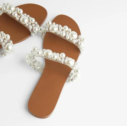 New transparent flat sandals with pearls by GJG Denim