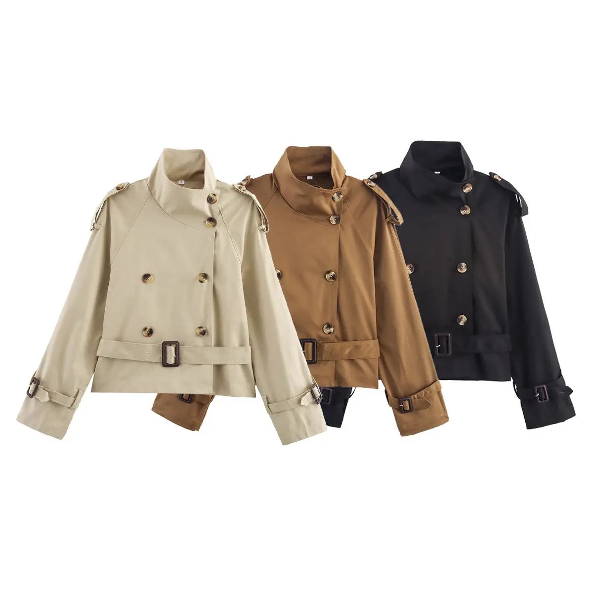 Notch-collar Short Trench Coat For Women With Belt Buckle Detailing by GJG Denim