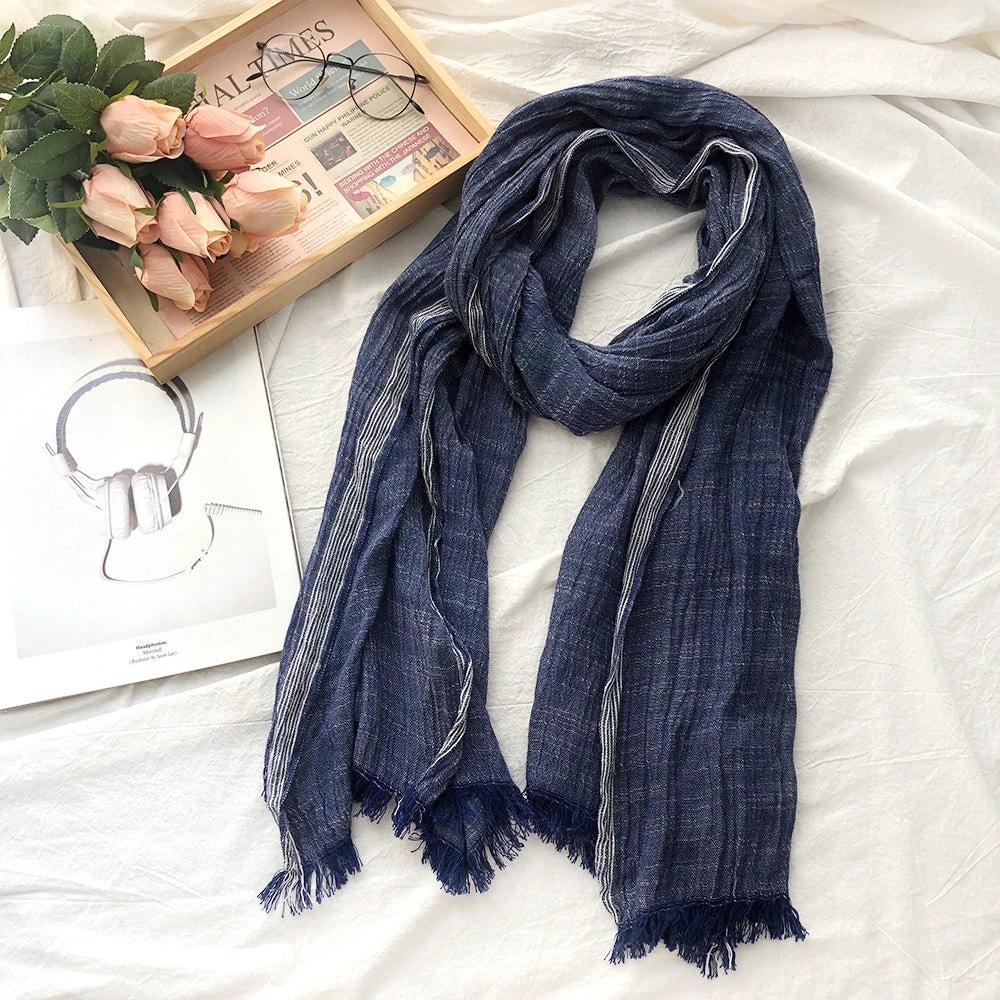 Thin Striped Solid Color Cotton And Linen Scarf by GJG Denim