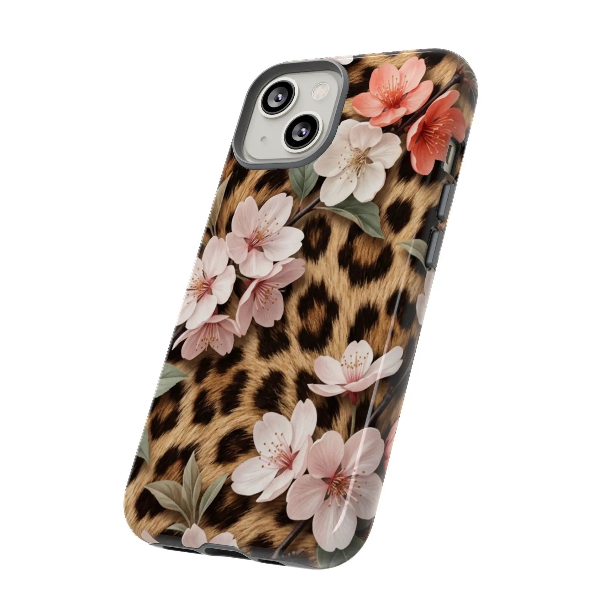 Leopard Floral Tough Case — Protective Phone Case with Pink Cherry Blossoms by Printify