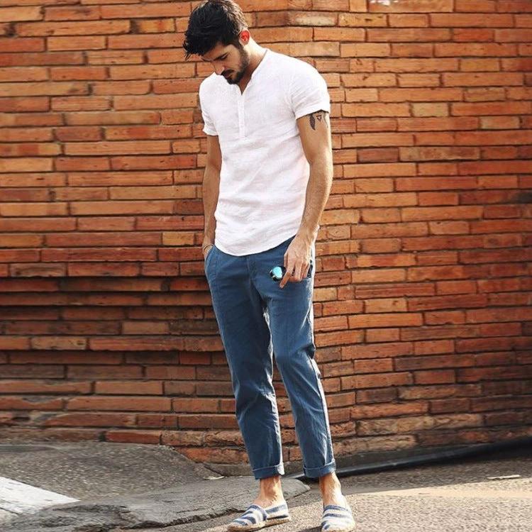 Men's Stand Collar Cotton Linen Short Sleeve Shirt by GJG Denim