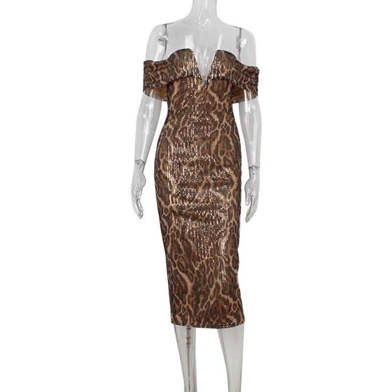 Womens Fashion Leopard-Print Sexy Off-Shoulder V-Neck Evening Gown by GJG Denim