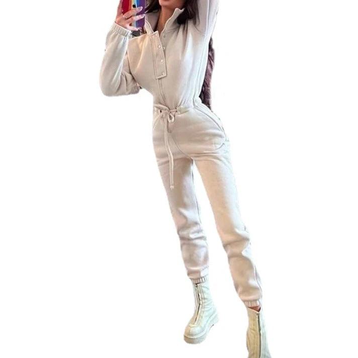 Stand-up Collar Cinched Leisure Jumpsuit by GJG Denim