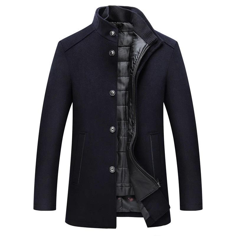 Solid Color Casual Men's Woolen Trench Coat by GJG Denim