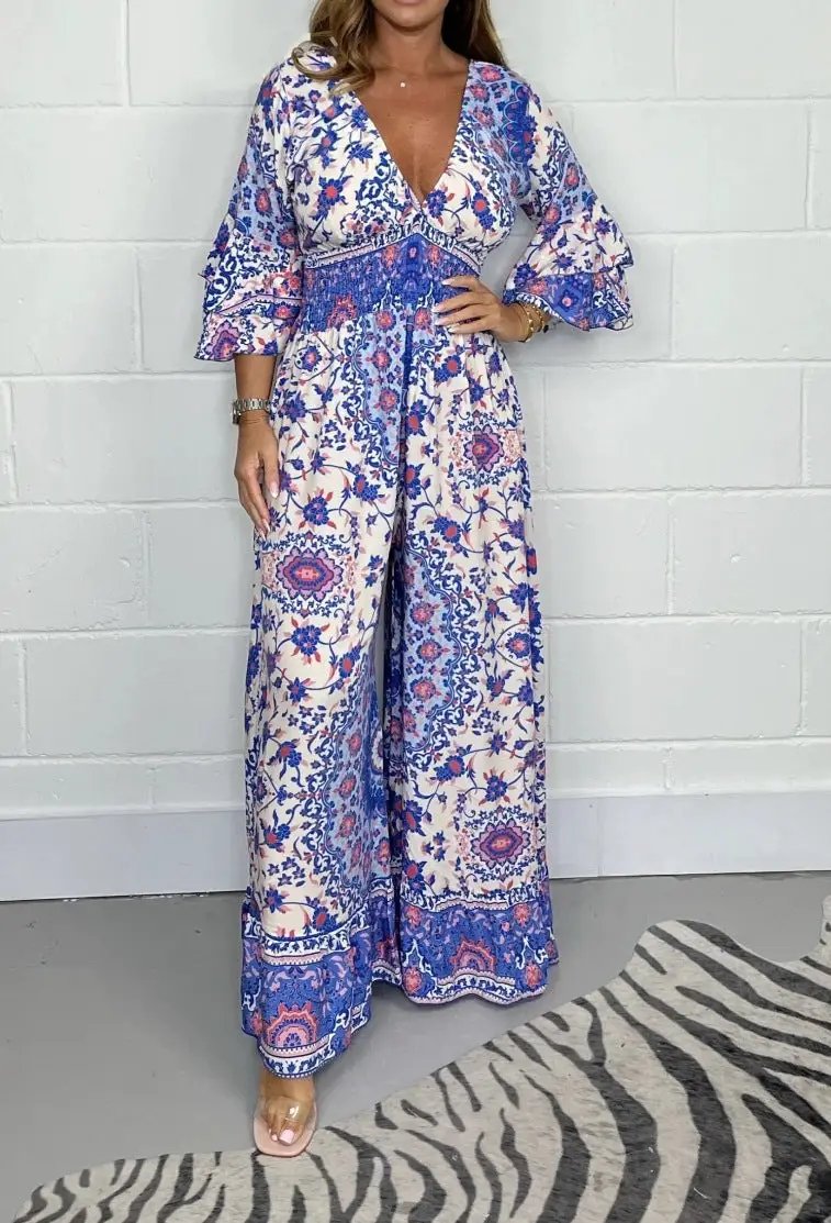V-neck Printed Jumpsuit Plus Size Casual Jumpsuit by GJG Denim