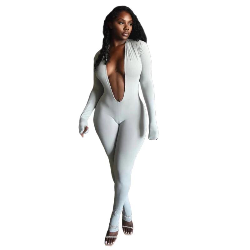 New Women's Fashion Sexy Backless Deep V Long Sleeve Solid Color Tight Jumpsuit by GJG Denim