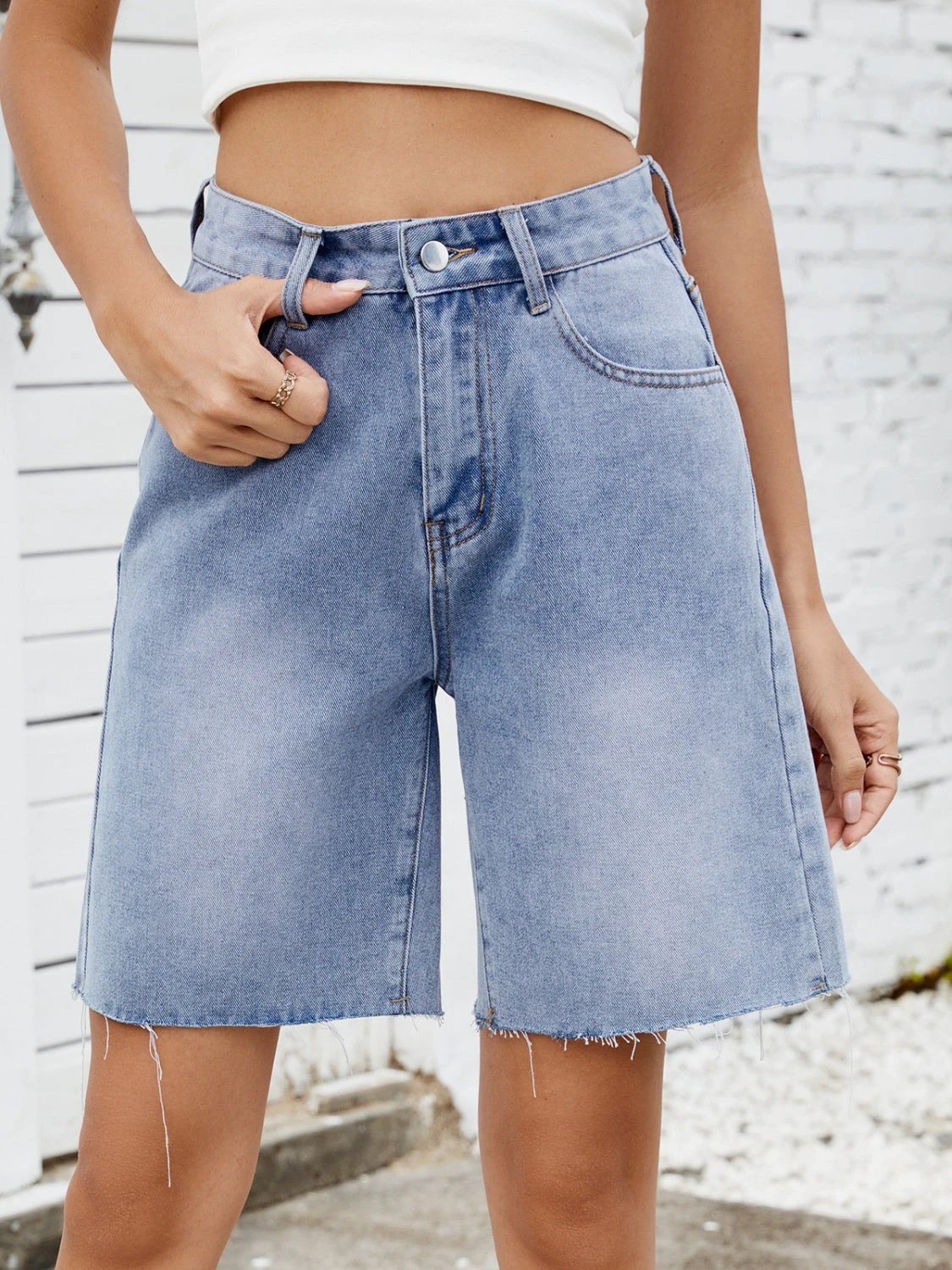 Washed Raw Hem Denim Shorts by Lady Ros