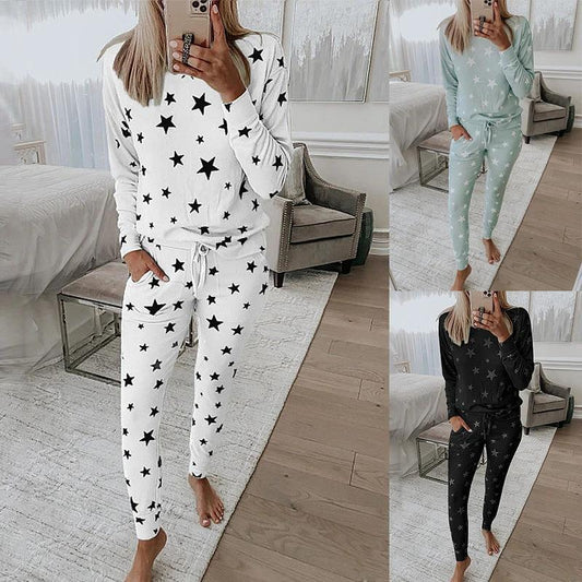 Printed Long-Sleeved Casual Home Service Suit Pajamas Women by GJG Denim