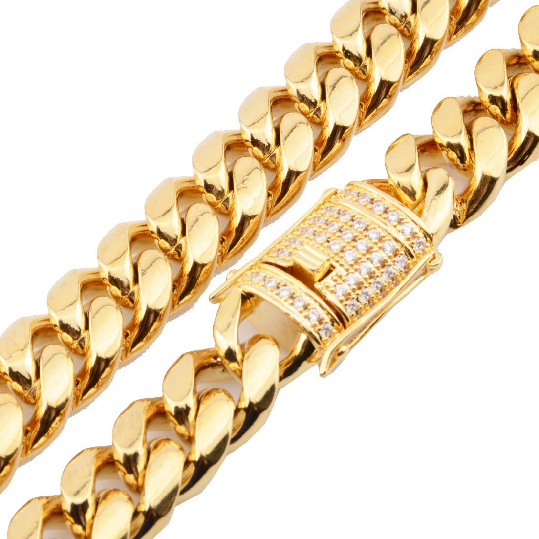 8-18mm Wide Stainless Steel Cuban Chain CZ Zircon Box Lock Necklace by GJG Denim