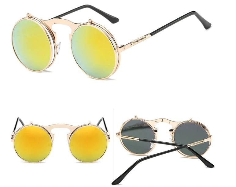 Vintage Round Steampunk Sunglasses Flip-Up UV Protection Metal Frame For Men by GJG Denim