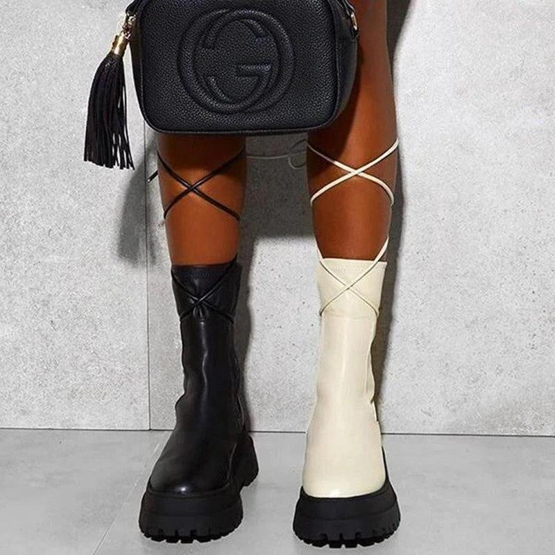 Platform Lace-up Middle Boots Plus Size Platform Heel Ankle Boots by GJG Denim