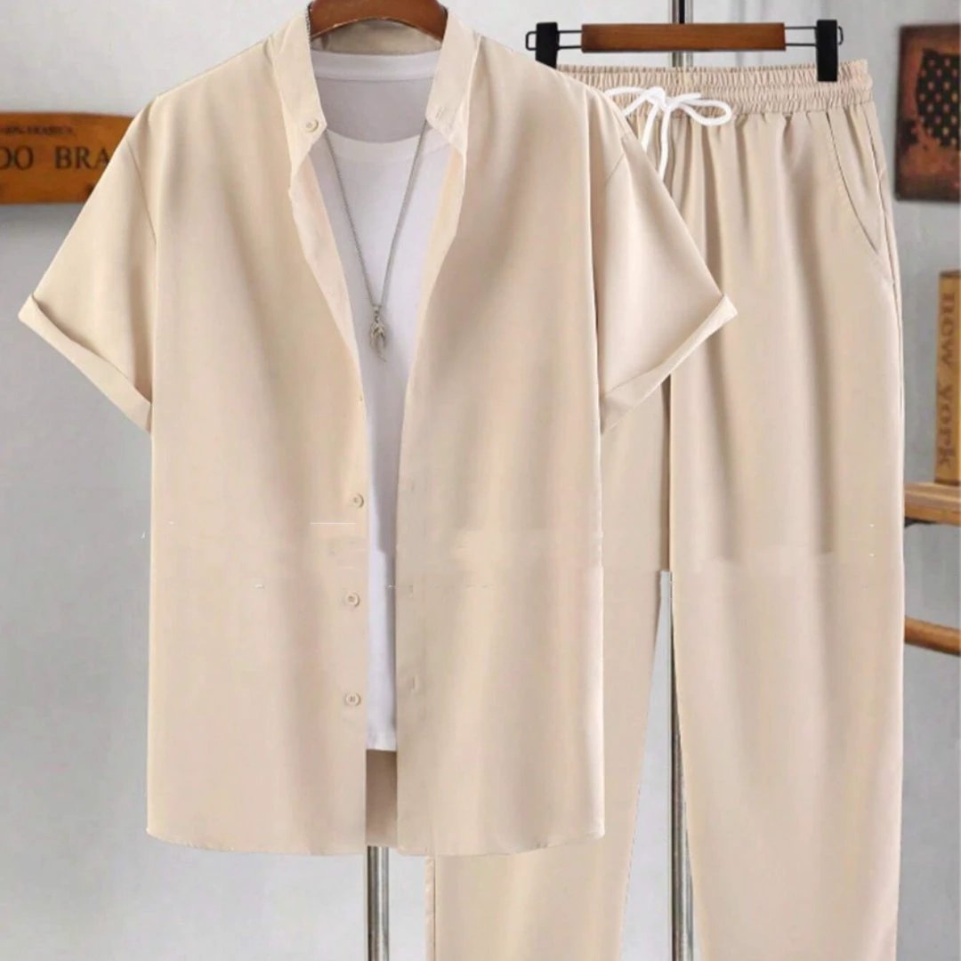 Men's Short Sleeve Stand Collar Shirt Pants Suit by GJG Denim