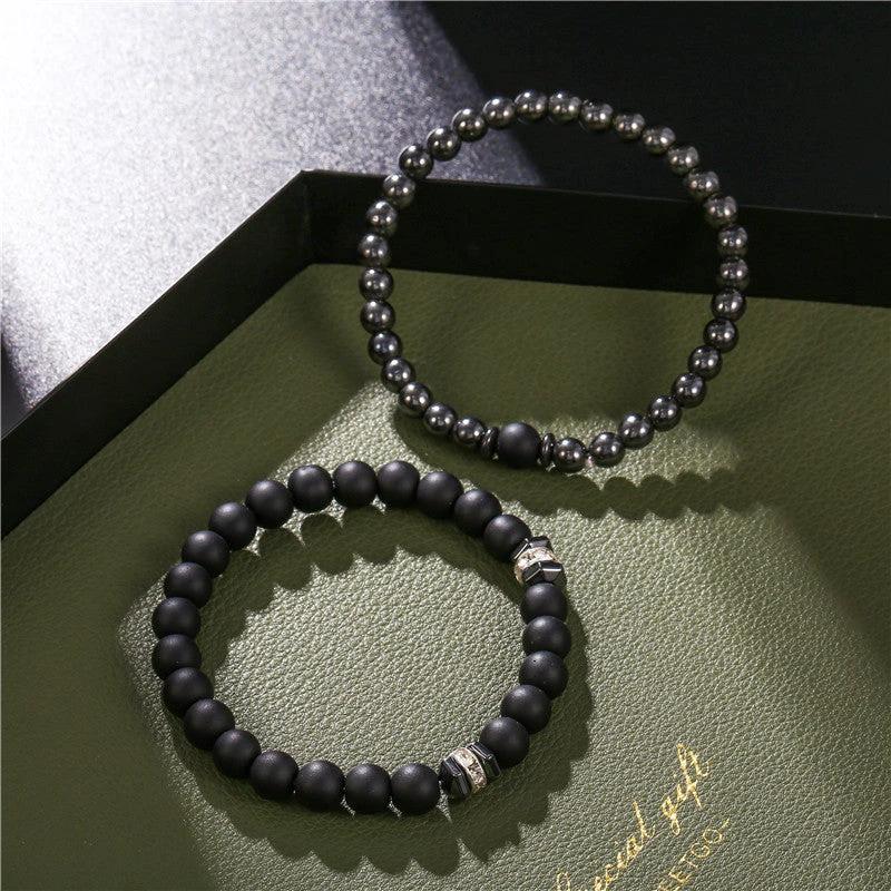 Men's 8mm Black Frosted Copper Bead Spot Drill Spacer Elastic Set Bracelet by GJG Denim
