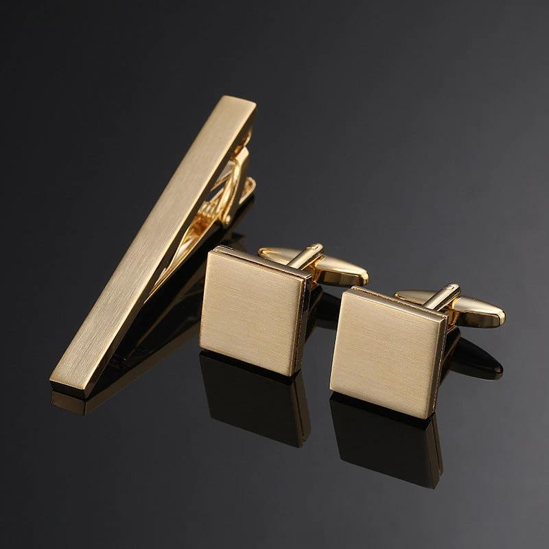 Gold Silver Black Square Brushed Tie Clip And Cufflinks by GJG Denim