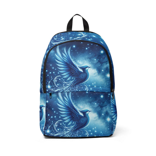 Celestial Bird Unisex Fabric Backpack - Vibrant Blue Design for Adventure and Everyday Use by Printify