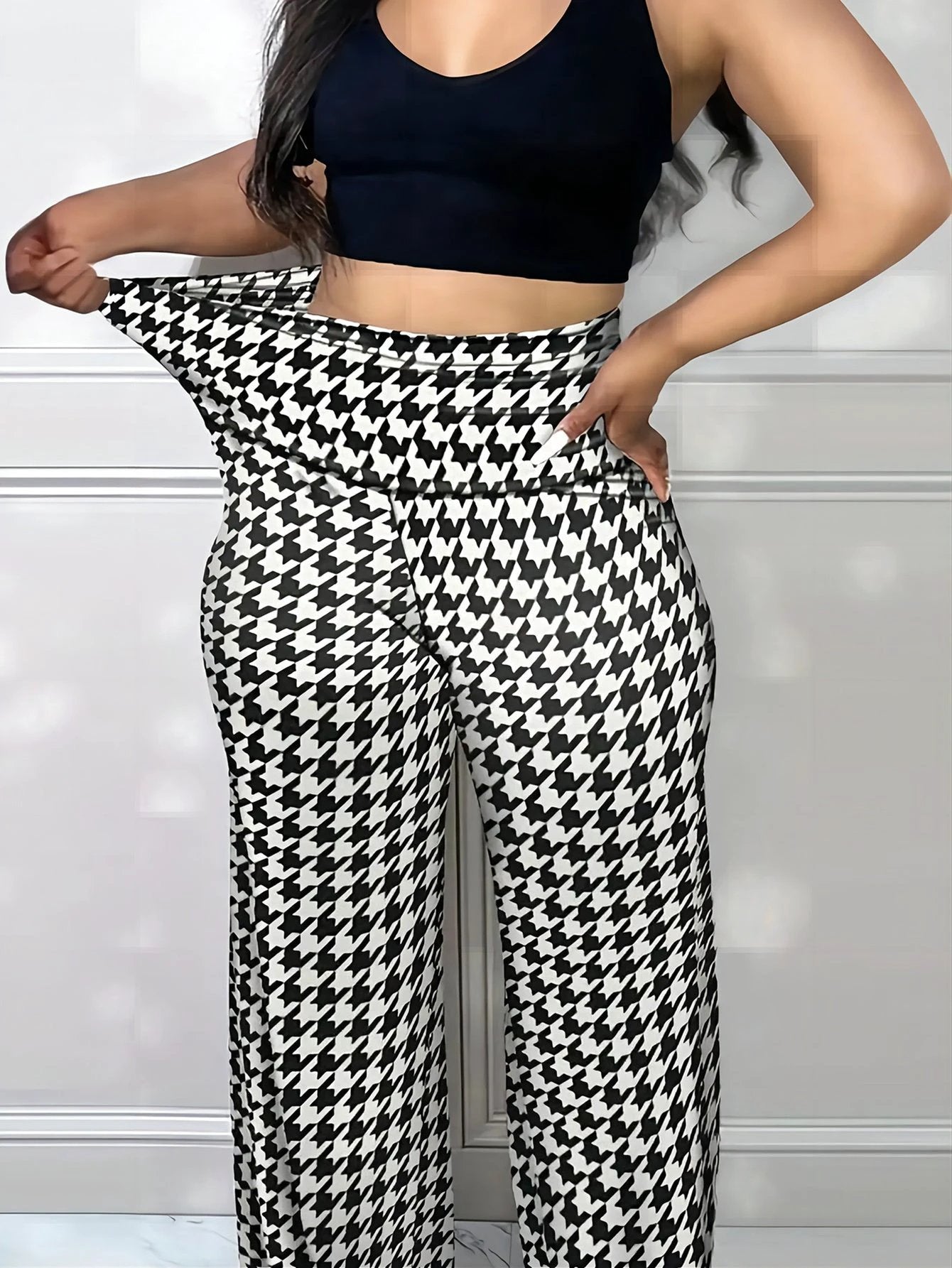 Plus Size Bird Check Comfortable Loose Women's Straight Leg Pants by GJG Denim