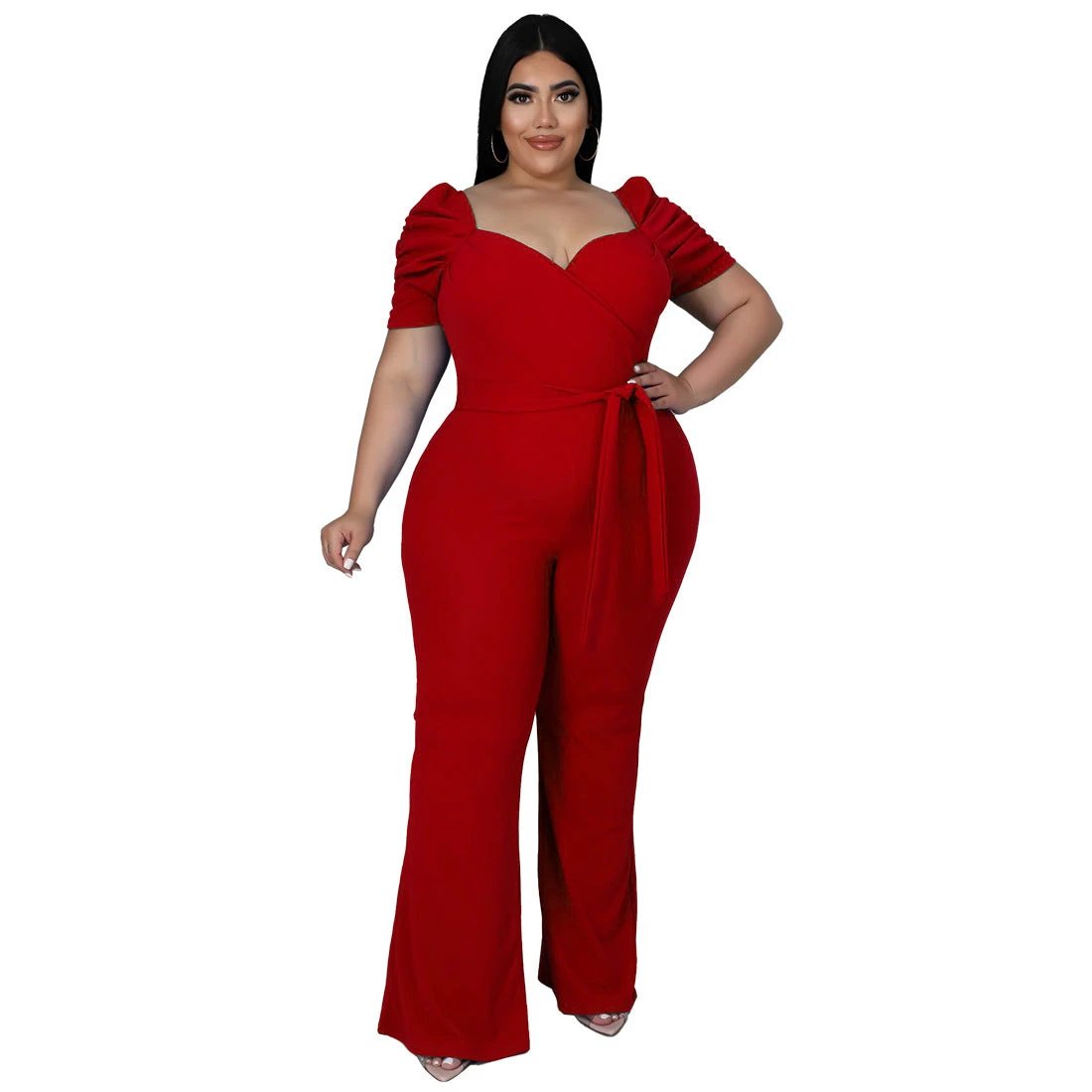 Women's Plus-Size Stand Collar Ruffle Sleeve High-Waist Jumpsuit Wide-Leg Pants by GJG Denim