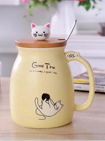 450ml Cartoon Ceramics Cat Mug With Lid and Spoon Coffee Milk Tea Mugs Breakfast Cup Drinkware Novelty Gifts by GJG Denim