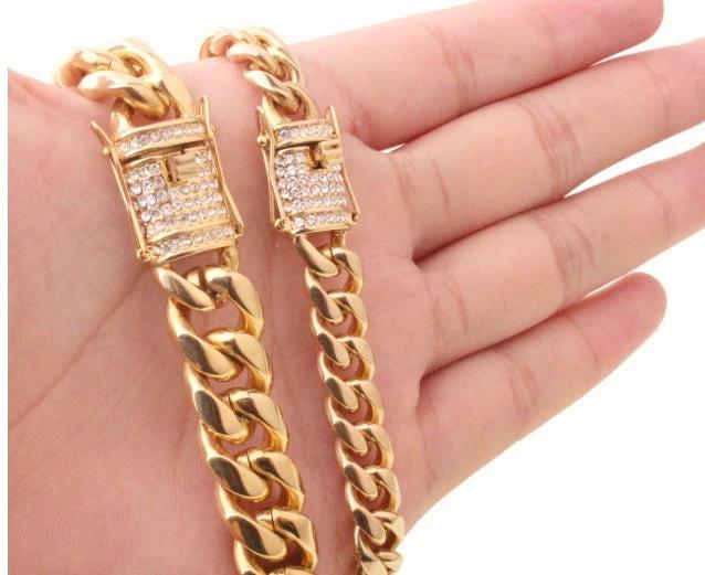 8-18mm Wide Stainless Steel Cuban Chain CZ Zircon Box Lock Necklace by GJG Denim