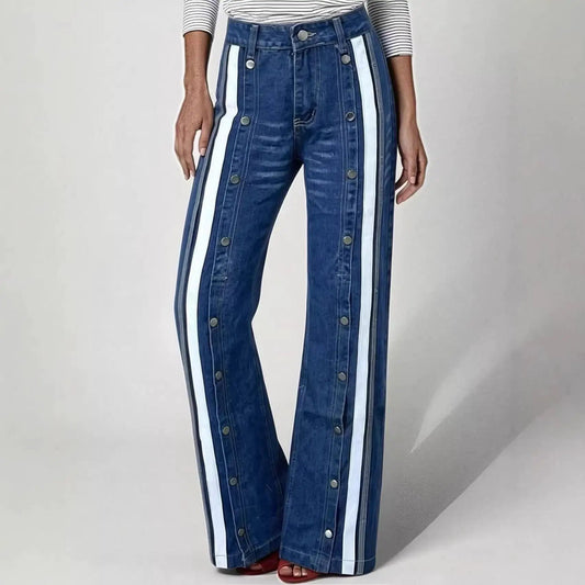 Fashionable Retro Personalized Flared Split Hem Color-Block Wide-Leg Floor-Length Womens Denim Trousers by GJG Denim