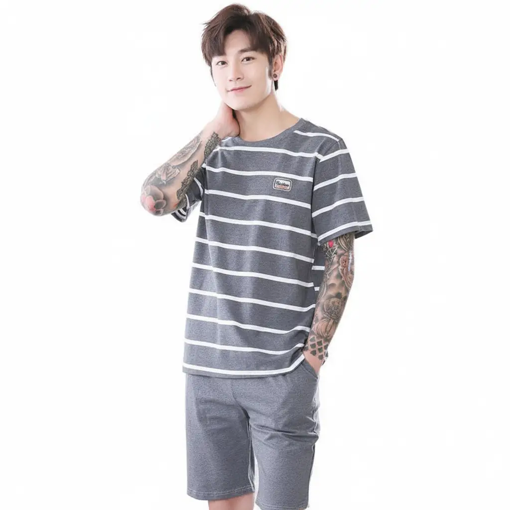 Men's Cotton Short Sleeve And Shorts Pajamas by GJG Denim