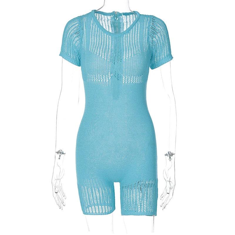 Women's Zipper Hollow-out Tight Hip Lifting Knitted Short Romper by GJG Denim