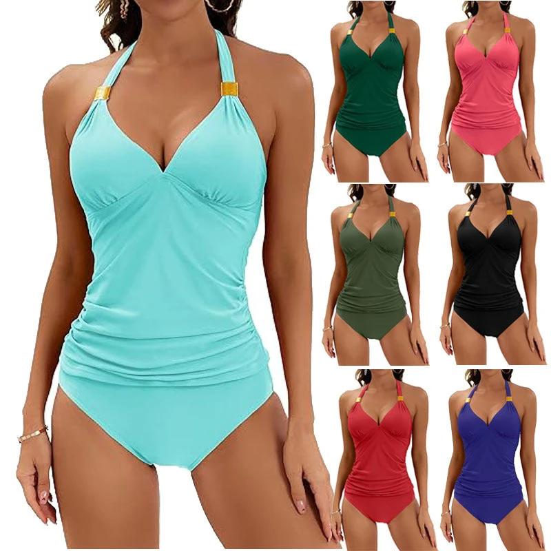 Women's Pure Color Halter Split Tie Two Piece Swimsuit by GJG Denim