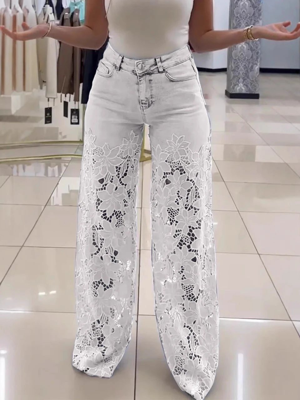 Y2K Lace Flowers Hollow Jeans Fashion High Waist Straight Wide Leg Pants Solid Color Trousers Women's Clothing by GJG Denim
