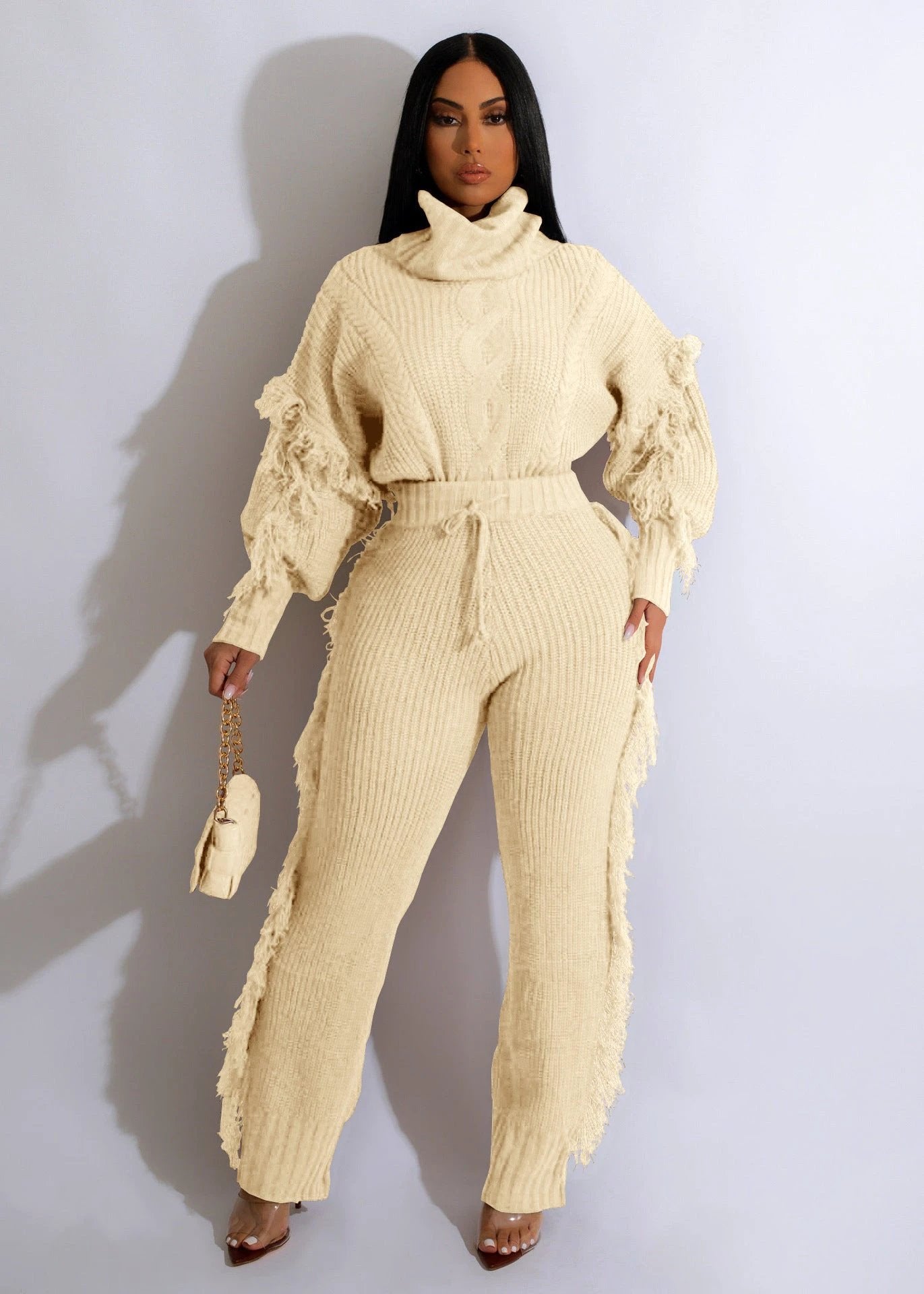 Casual Solid Color Knitted Long Sleeve Turtleneck Tassel Suit by GJG Denim