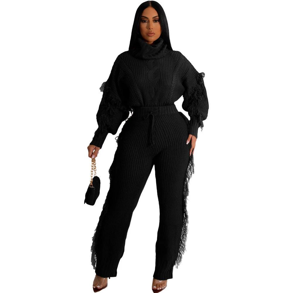Casual Solid Color Knitted Long Sleeve Turtleneck Tassel Suit by GJG Denim