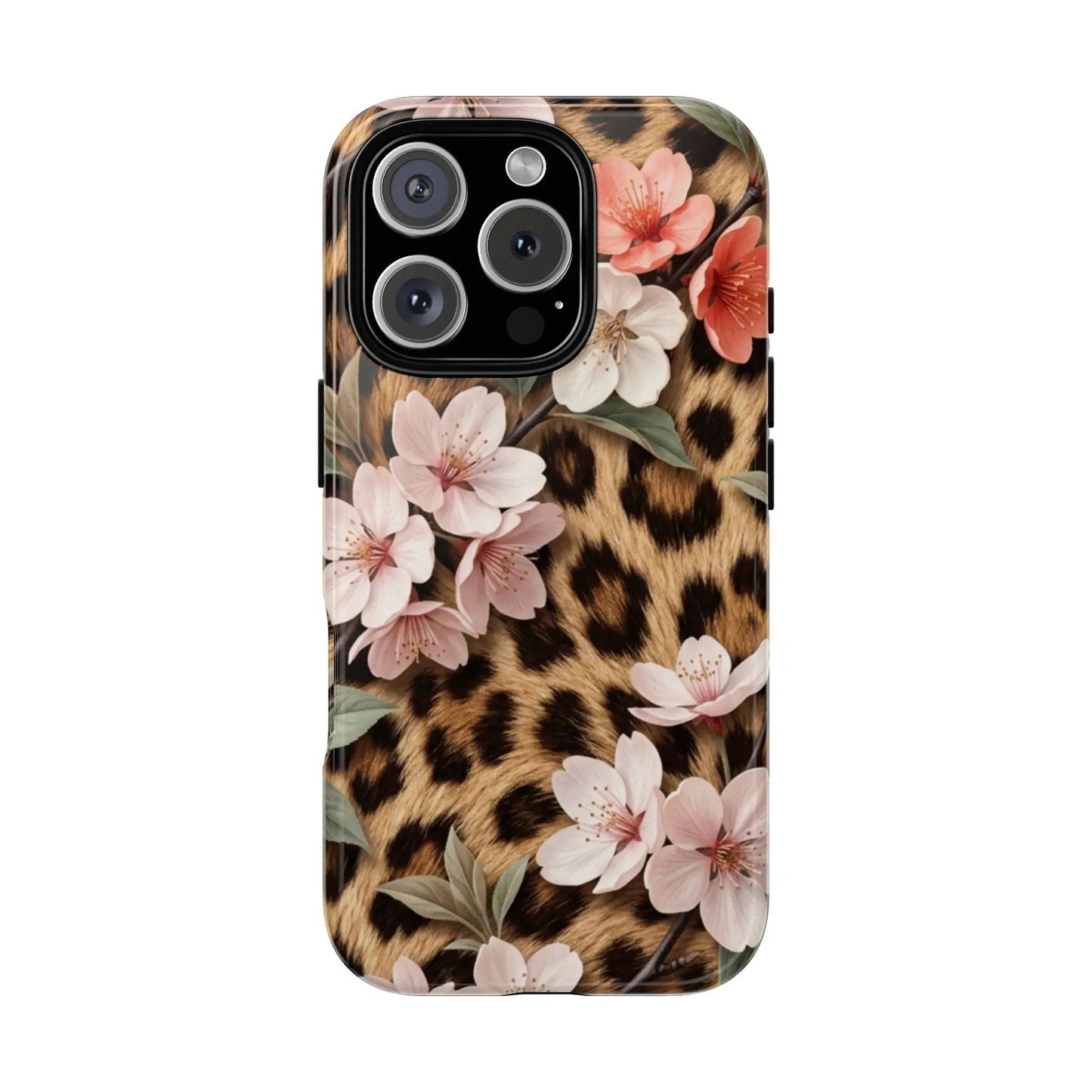 Leopard Floral Tough Case — Protective Phone Case with Pink Cherry Blossoms by Printify
