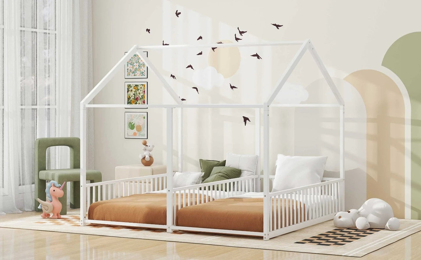 Metal Twin Size House Platform Beds, Two Shared Beds, White by GJG Denim