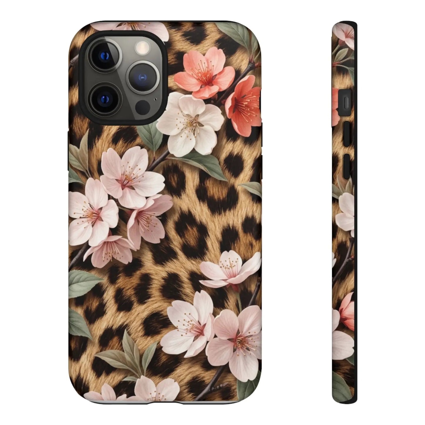 Leopard Floral Tough Case — Protective Phone Case with Pink Cherry Blossoms by Printify
