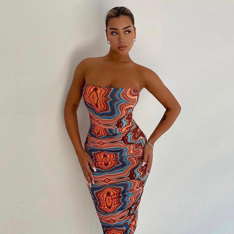 Women's Printed Wrap-chest One-shoulder Slim Temperament Dress by GJG Denim