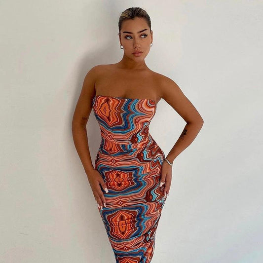 Women's Printed Wrap-chest One-shoulder Slim Temperament Dress by GJG Denim