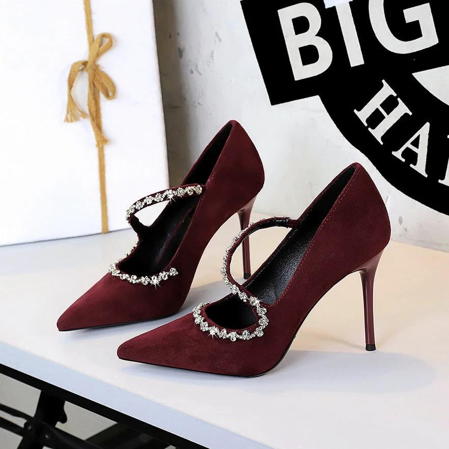 Pointed High Heels Diamond Chain Single Strap Thin Heels by GJG Denim