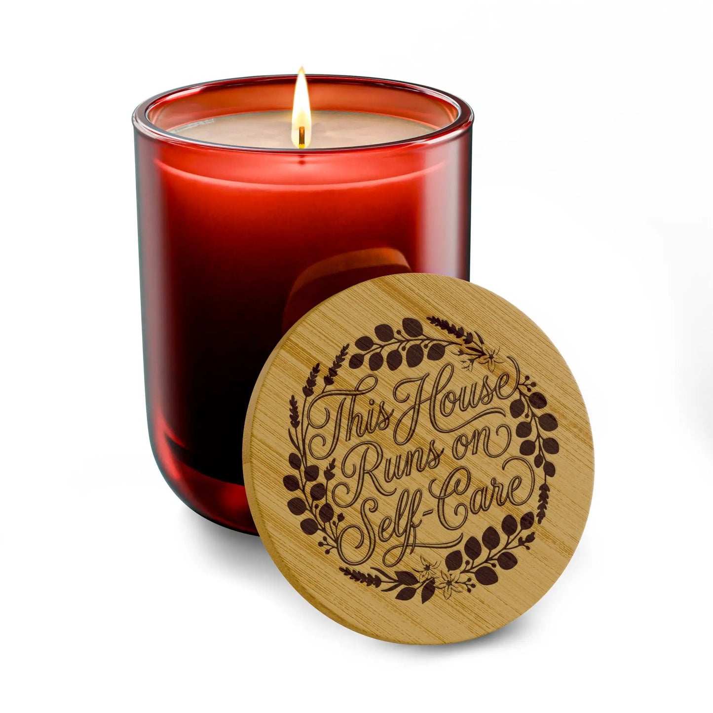Engraved Soy Candle - "This House Runs on Self-Care" 14oz Scented Candle with Bamboo Lid by Printify
