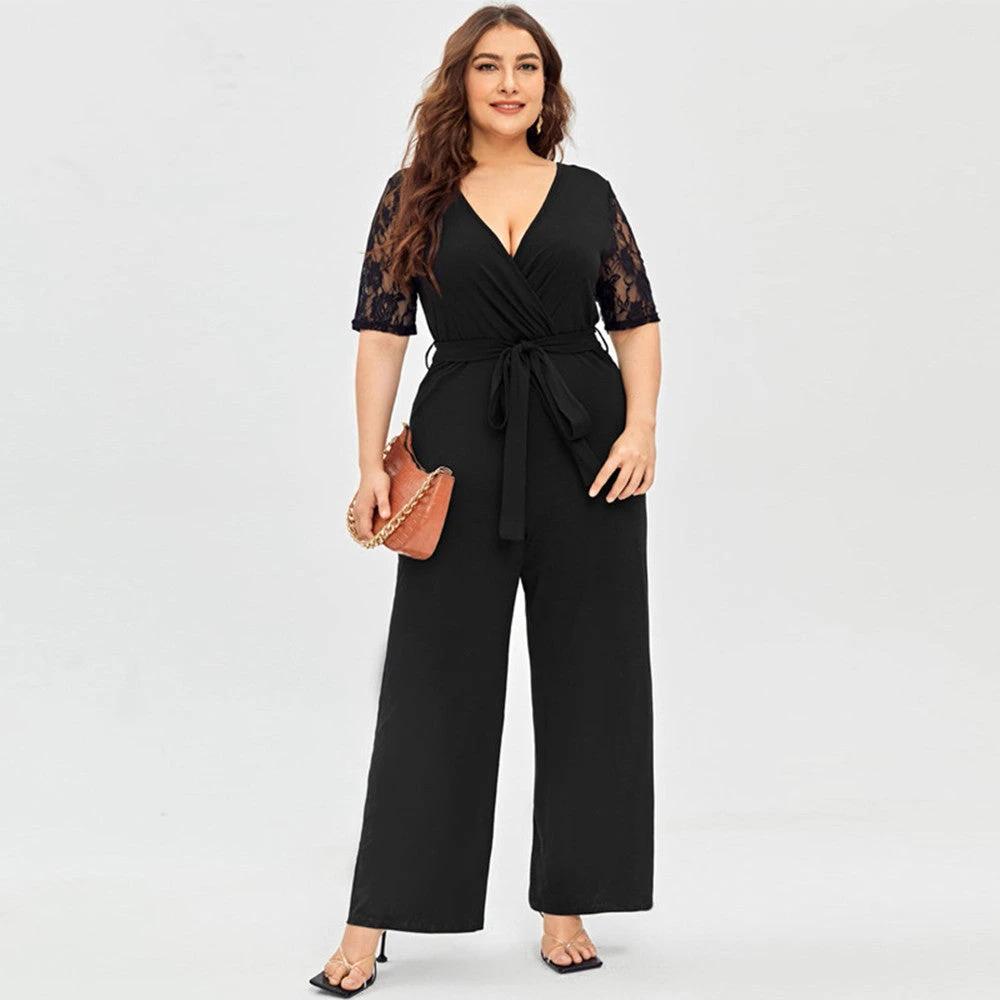 Women's Deep V Neck Lace Short Sleeve Plus Size Jumpsuit by GJG Denim
